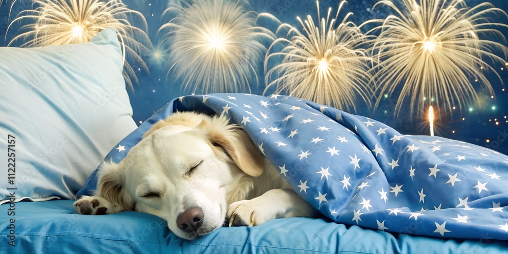 Obraz premium Dog peacefully sleeps under a starry blanket while fireworks create a colorful display at night