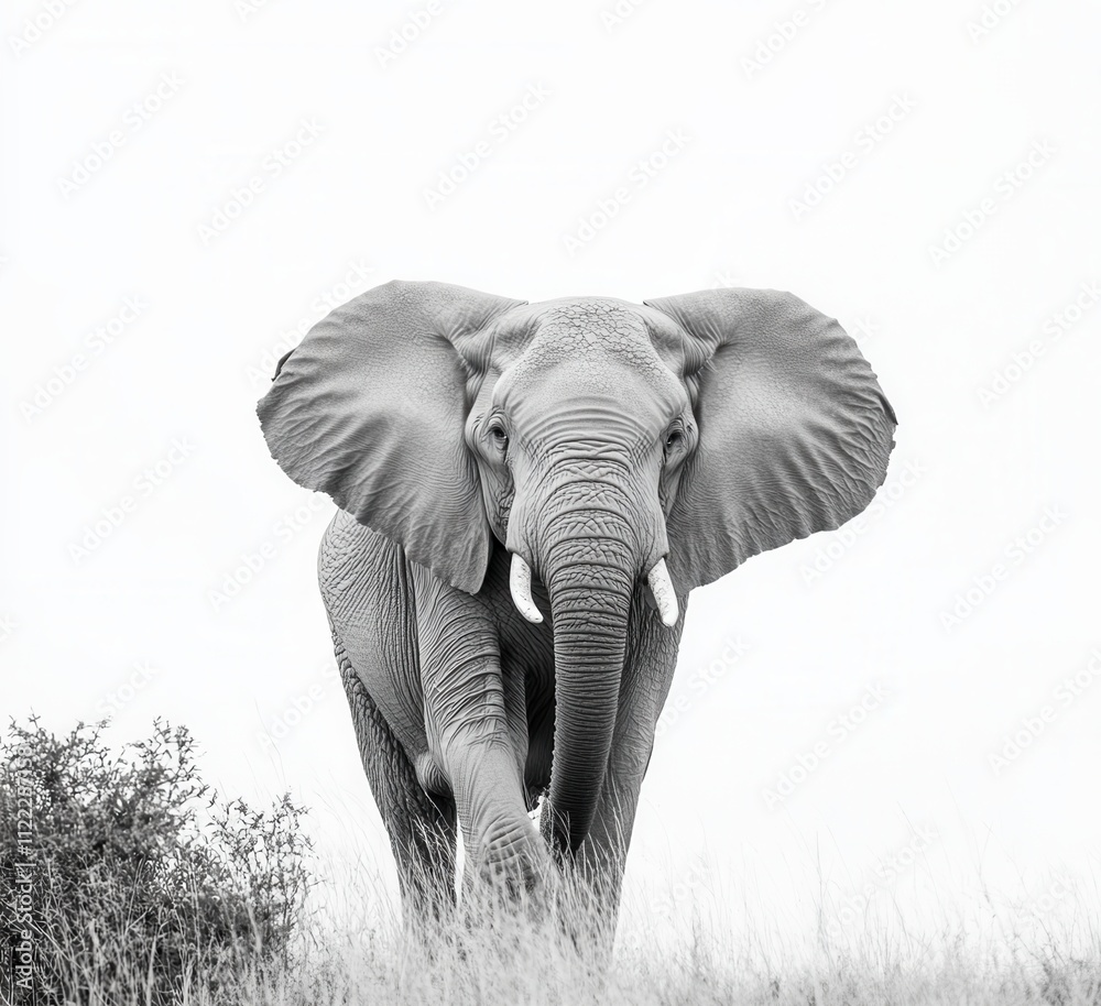 Naklejka premium A solitary African elephant on a white backdrop, featuring a clipping path