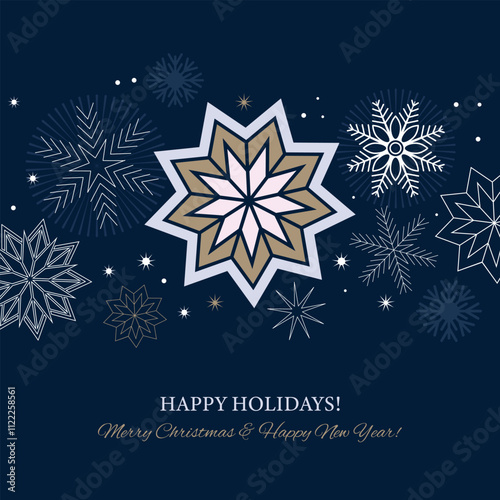 Happy Holidays, minimalist banner concept with golden and white snowflakes, and Christmas stars. Merry Christmas and Happy New Year greeting cards, social media post or invitation design.