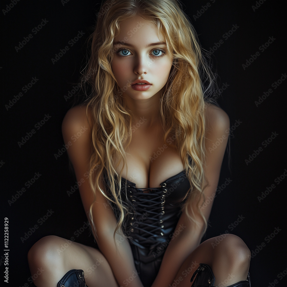 Naklejka premium Girl in corset with captivating gaze posing against dark background