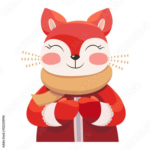 Cute stylized fox in winter clothes. Cartoon fox enjoying winter. Vector illustration of fox in sweater, gloves and scarf isolated on background