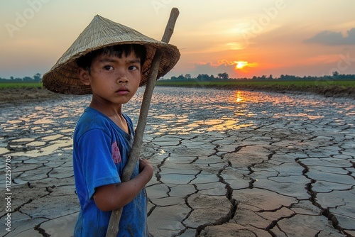 The idea of climate change and environmental challenges around the world. Children witness a river drying up in the aftermath of a summer drought photo