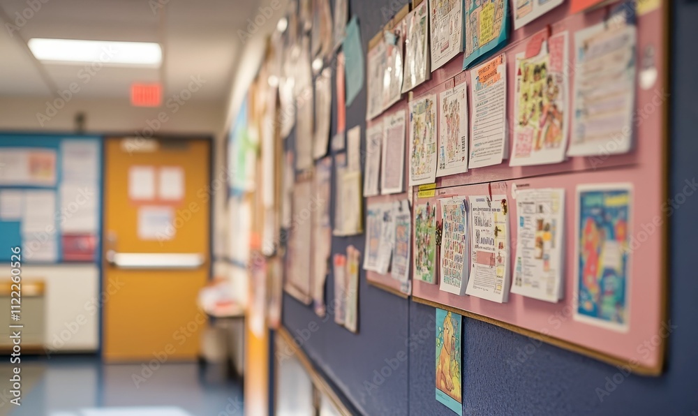 Fototapeta premium Classroom wall, colorful papers, pinned notices.