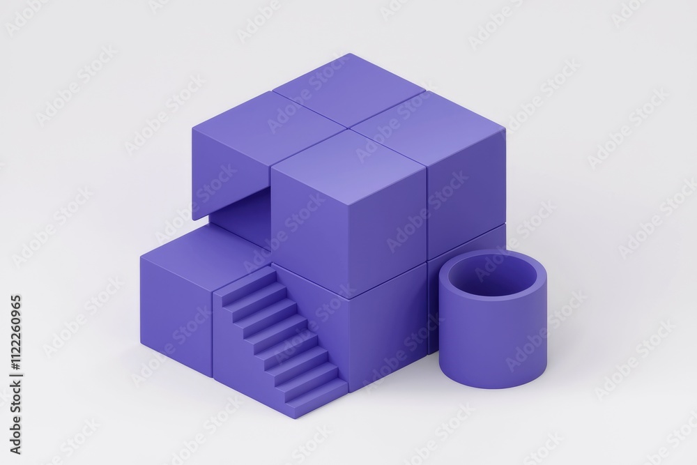 Obraz premium Abstract 3D rendering of purple geometric shapes, including cubes, stairs, and a cylinder, creating a unique architectural structure.