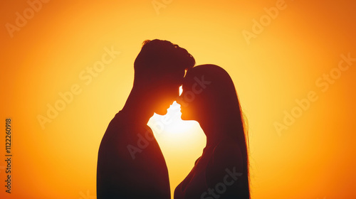 Silhouetted young couple sharing a tender moment against a vibrant sunset, symbolizing love and connection.