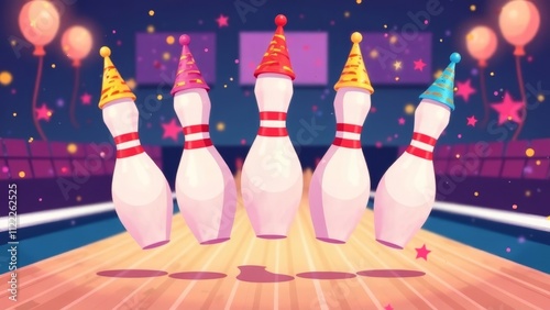 illustration bowling pins on a row in colorful birthday caps on the right, bowling lane background, festive background, bowling decorated for birthday