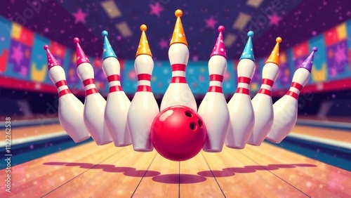 bowling pins on a row in colorful birthday caps on the right, bowling lane background, festive background, bokeh, bowling decorated for birthday