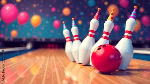 bowling pins on a row in colorful birthday caps on the right, bowling lane background, festive background, bokeh,  decorated for birthday, copy space on the left
