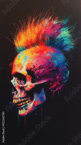 A vibrant illustration of a skull with a neon feather mohawk against a black background, radiating energy and rebellion. Ideal for alternative or festival themes. AI generated. photo