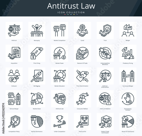 Antitrust law outline icon pack for market competition and monopoly regulation
