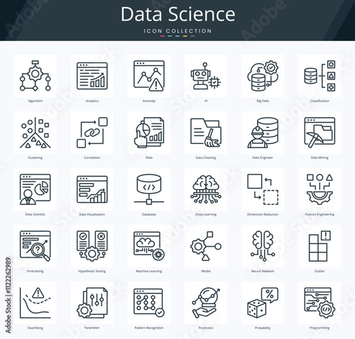 Data science outline icon pack for predictive analysis and database management
