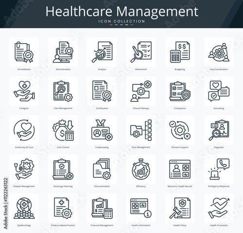 Healthcare management outline icon pack for medical administration and accreditation