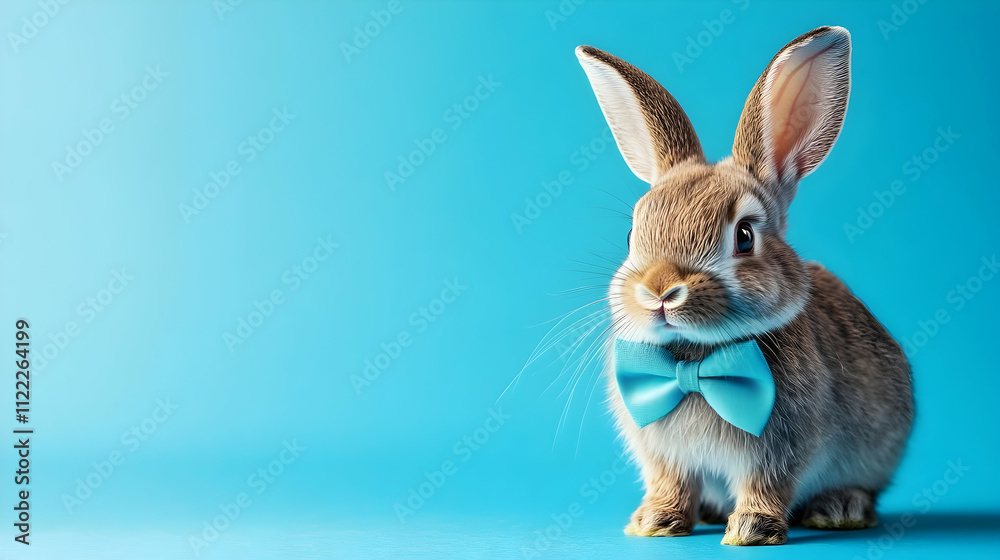 Obraz premium Charming rabbit wearing a blue bow tie against a vibrant blue background, creating a fun and trendy atmosphere, perfect for fashion, wildlife, and playful concepts