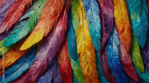 Vibrant feather acrylic painting with colorful watercolor background