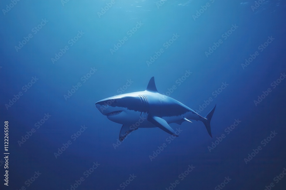 Fototapeta premium Underwater photography captures a Great White Shark, a predator hunting near the ocean's surface in clear blue waters