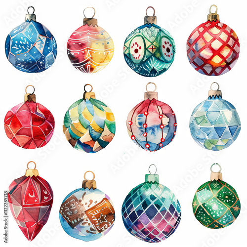 Watercolor colorful hand-painted Christmas balls, decorated in the form of a grid, with various drawings and details of it on a white background.