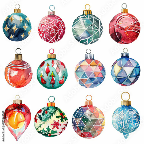 Watercolor colorful hand-painted Christmas balls, decorated in the form of a grid, with various drawings and details of it on a white background.