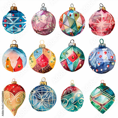 Watercolor colorful hand-painted Christmas balls, decorated in the form of a grid, with various drawings and details of it on a white background.