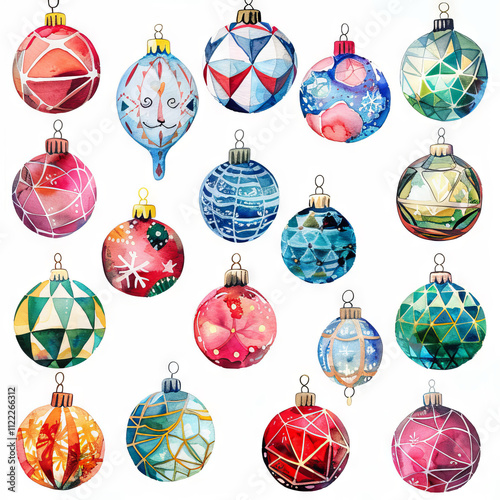 Watercolor colorful hand-painted Christmas balls, decorated in the form of a grid, with various drawings and details of it on a white background.