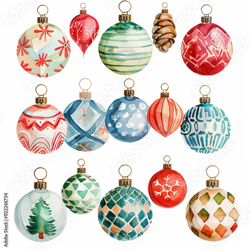 Watercolor colorful hand-painted Christmas balls, decorated in the form of a grid, with various drawings and details of it on a white background.