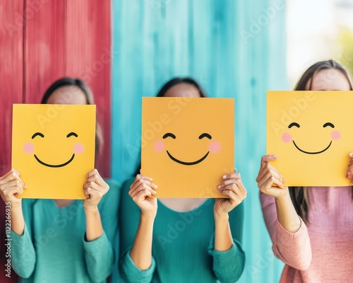 Three women holding cheerful smiley face signs outdoors, expressing happiness in a vibrant setting