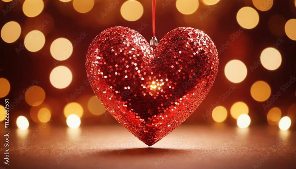 Obraz premium A large, glittering red heart, composed of sparkling sequins, is centrally located in the image. Happy Valentines Day, Valentines Day Background.