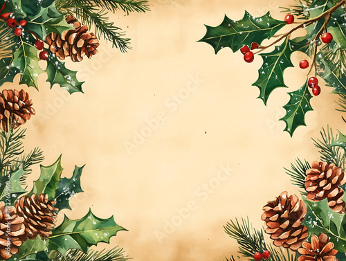 A blank page with a vintage Christmas border holly and mistletoe in the corners pine cones snowflakes an old paper background a watercolor illustration high resolu photo