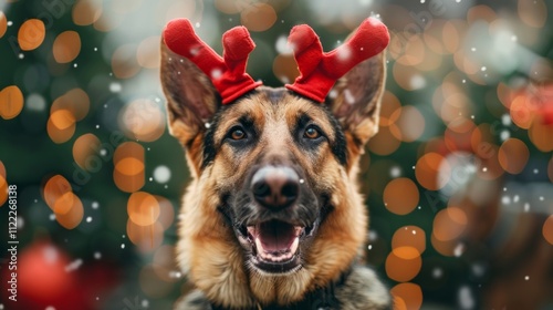 Festive german shepherd with reindeer antlers celebrating holiday cheer in snowy setting photo