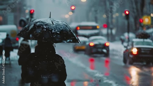 Wallpaper Mural a moody urban scene with a person holding a snow-dusted umbrella while standing amidst snowy streets Torontodigital.ca