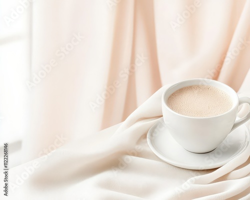 Warm cup of coffee resting on a smooth fabric surface during a cozy morning photo