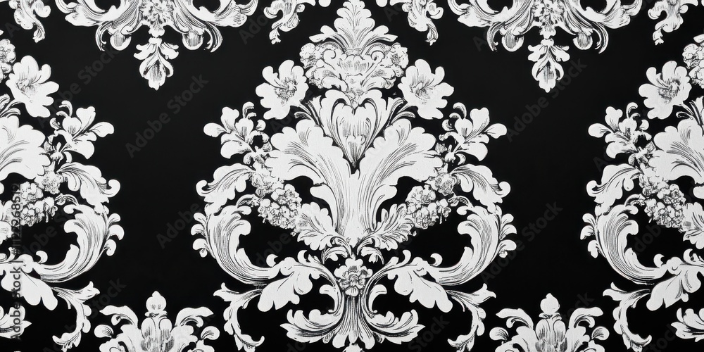 Obraz premium A decorative black and white damask wallpaper pattern featuring intricate floral designs.