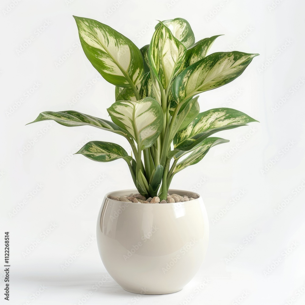 Dieffenbachia 'Camille' houseplant in white pot with variegated leaves. Dieffenbachia 'Camille' houseplant in white pot with variegated leaves.