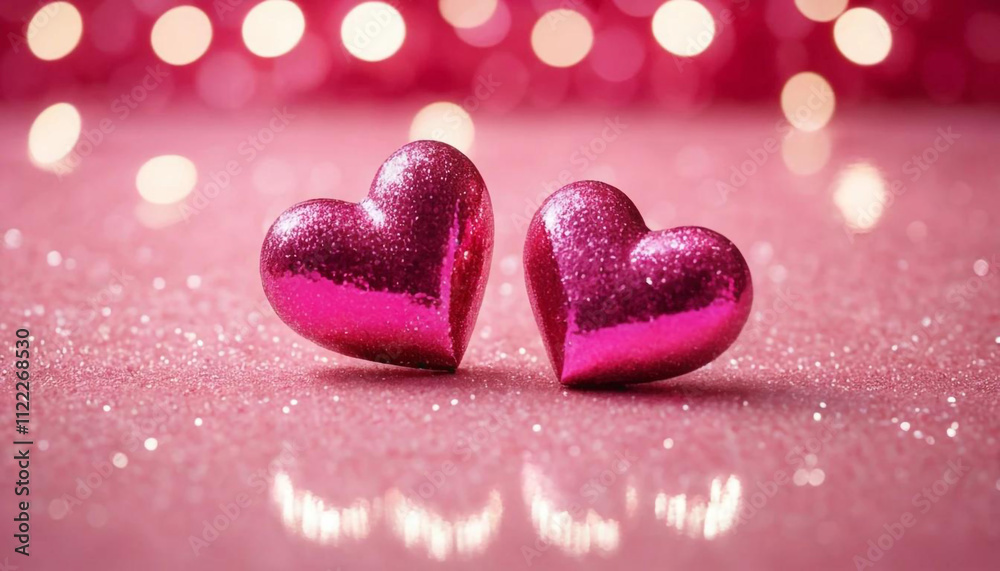Obraz premium Two heart-shaped ornaments, positioned slightly off-center, rest on a surface covered in pink glitter. Happy Valentines Day, Valentines Day Background.
