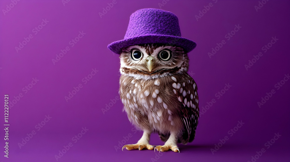 Obraz premium Charming owl wearing a purple hat against a vibrant purple background, creating a fun and whimsical atmosphere, perfect for fashion, wildlife, and playful concepts