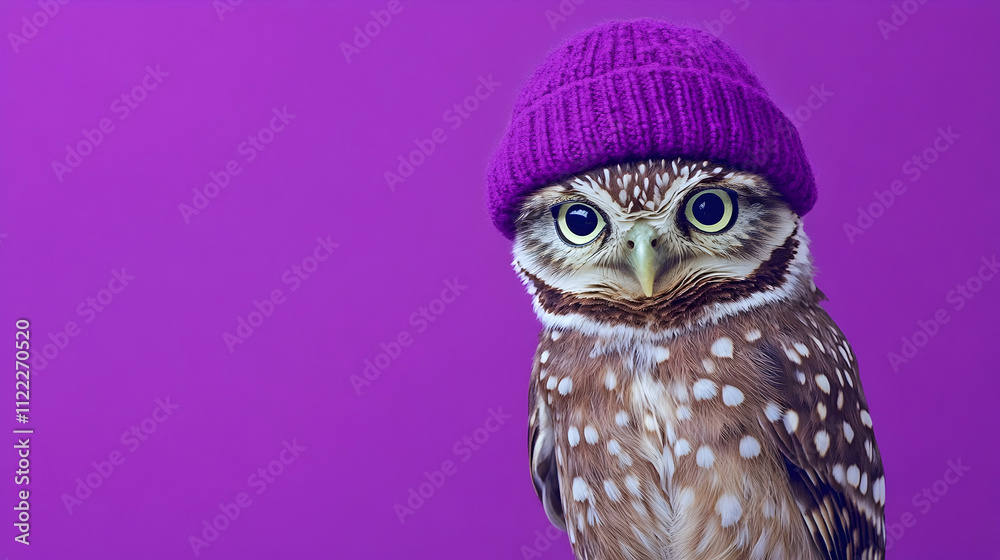 Obraz premium Charming owl wearing a purple hat against a vibrant purple background, creating a fun and whimsical atmosphere, perfect for fashion, wildlife, and playful concepts
