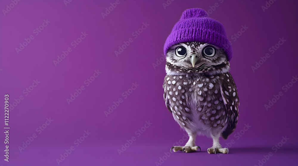 Obraz premium Charming owl wearing a purple hat against a vibrant purple background, creating a fun and whimsical atmosphere, perfect for fashion, wildlife, and playful concepts