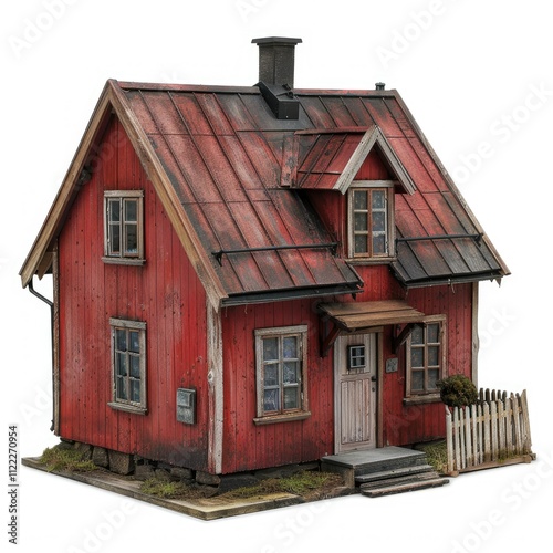 Detailed model of charming weathered red wooden house. photo