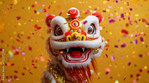 Festive Lion Dance Costume Chinese New Year Celebration Golden Confetti photo