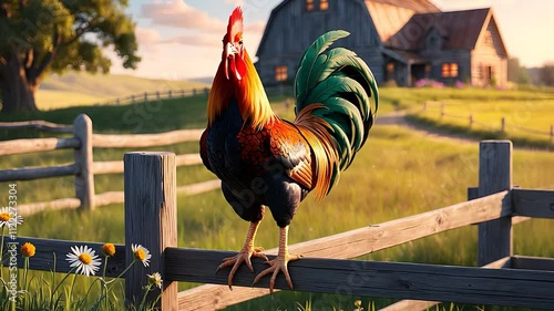 Colorful Rooster Perched on a Wooden Fence in a Scenic Farm Setting at Sunrise

