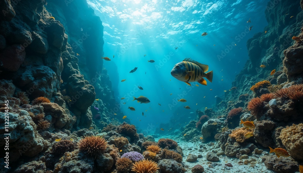 Fototapeta premium Vibrant wrasse fish swimming through a colorful reef with sunlight filtering from above