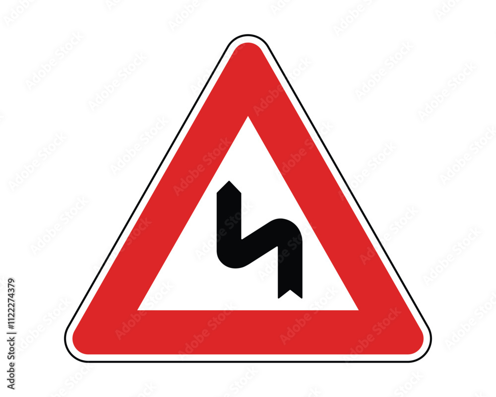 Warning Sign for Sharp Road Curve, Featuring Red Triangle and Black Curved Arrow, Indicating a Hazardous Turn Ahead, Available as a Vector File Warning Sign for Sharp Road Curve, Featuring Red Triangle and Black Curved Arrow, Indicating a Hazardous Turn Ahead, Available as a Vector File