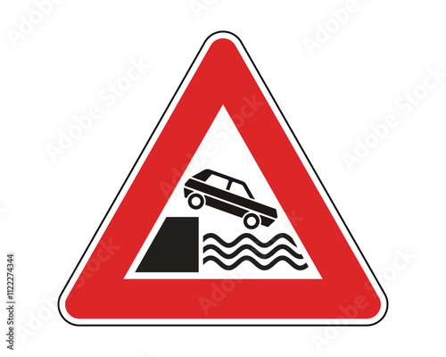 Quay Exit Warning Sign Featuring Red Triangle and Black Car Driving Off Quay Icon, Indicating a Quay or Body of Water Ahead, Available as a Vector File