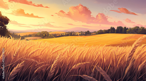 Endless acres of lush golden wheat fields sway gently in the warm evening breeze bathed in a soft serene glow of the setting sun. endless golden fields. illustration. Zephyr. Illustration photo