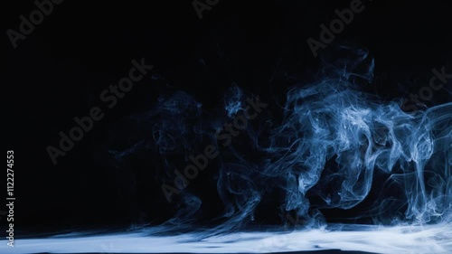 Panoramic view of the abstract fog. White cloudiness, mist or smog moves on black background. Beautiful swirling gray smoke. Mockup for your logo. Wide angle horizontal wallpaper or web banner.