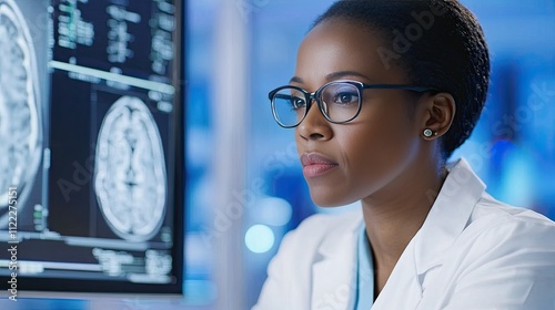 Confident Black Female Scientist Analyzing Brain Scans in Modern Hospital