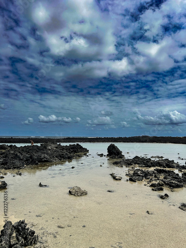 Beautiful rocky beach of volcanic sand