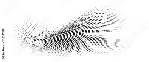 Flowing Wave Dot Halftone Pattern: Curve Gradient Shape on Transparent Background. Suitable for AI, Tech, Network, Digital, Science, and Technology Themes.