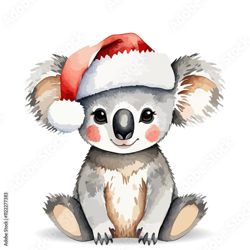 Canvas Print Watercolor illustration of a Christmas Koala wearing Santa Claus hat drawing by hand isolated on white