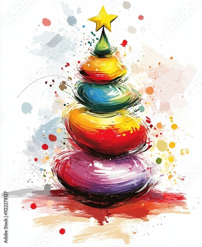 Vibrant Abstract Christmas Tree Illustration with Colorful Stacked Stones and Star Decoration, Holiday Art Concept photo