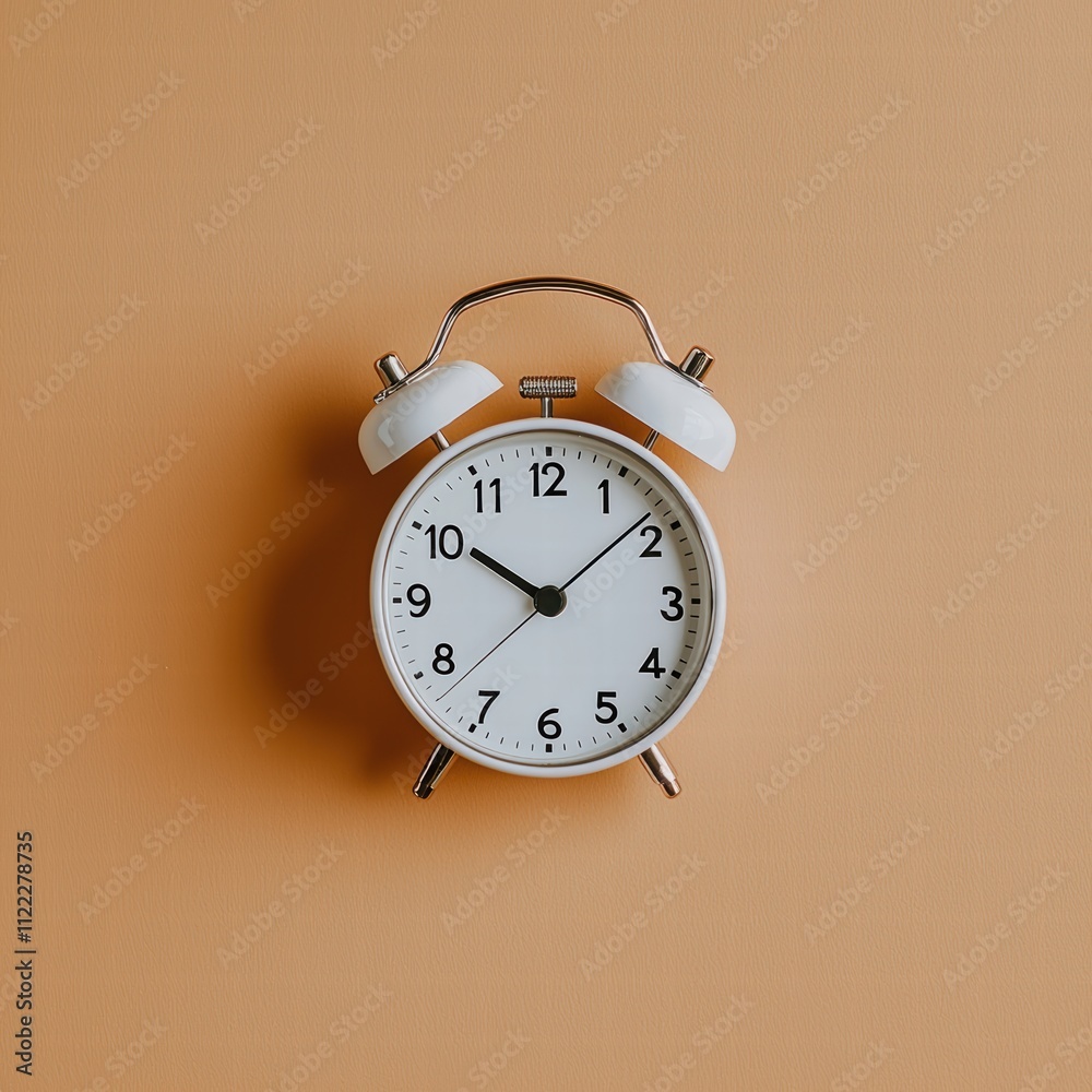 Classic White Alarm Clock on a Pastel Orange Background Classic White Alarm Clock on a Pastel Orange Background